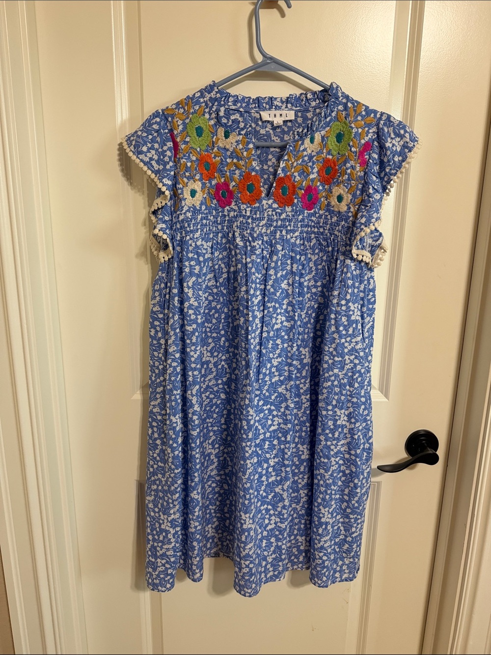 Anthropologie Lined THML Blue Floral Embroidered Ruffle Dress